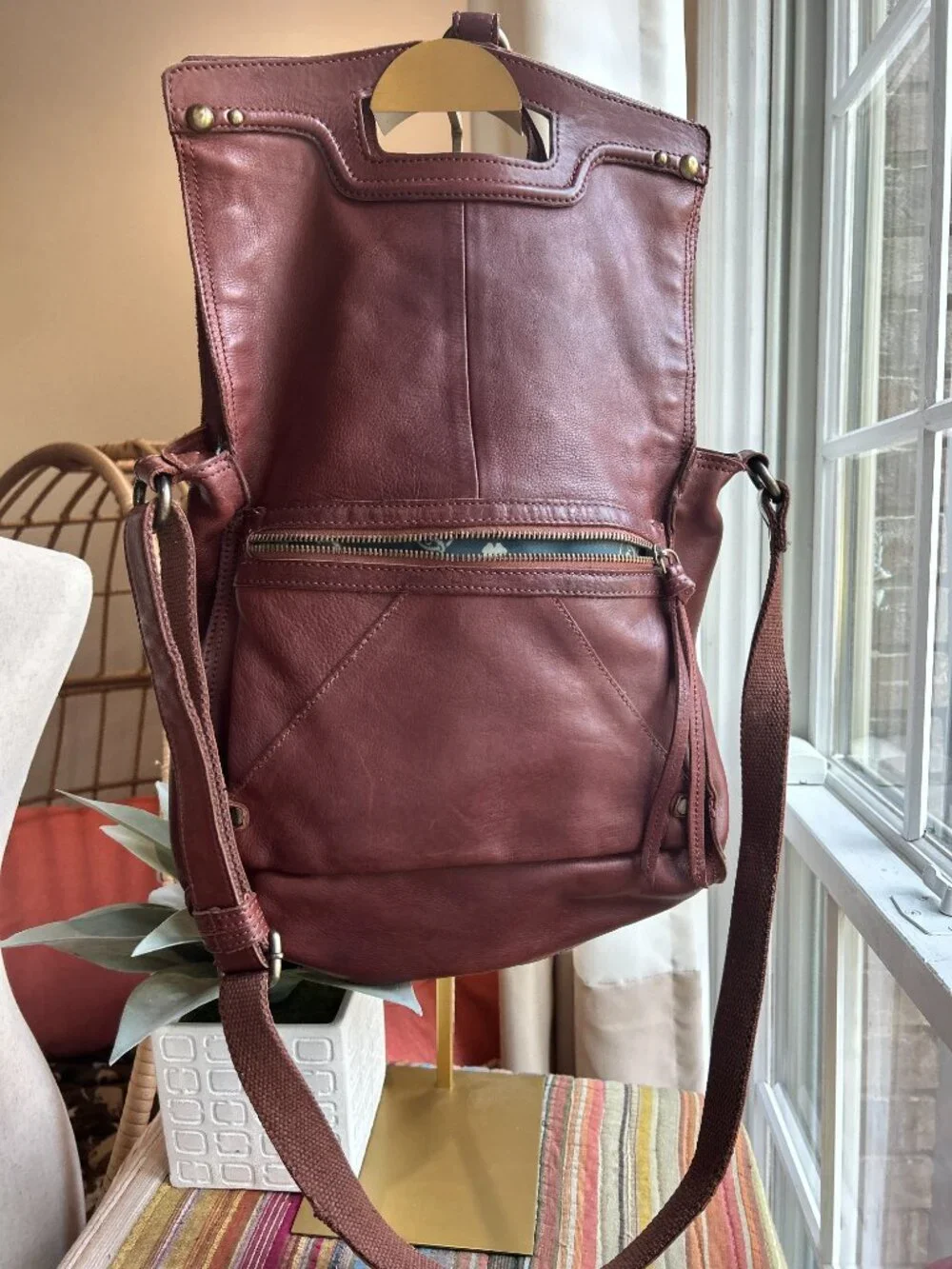 Lucky Brand Brown Leather Studded Foldover Shoulder Bag | Y2K Boho Rock Chic